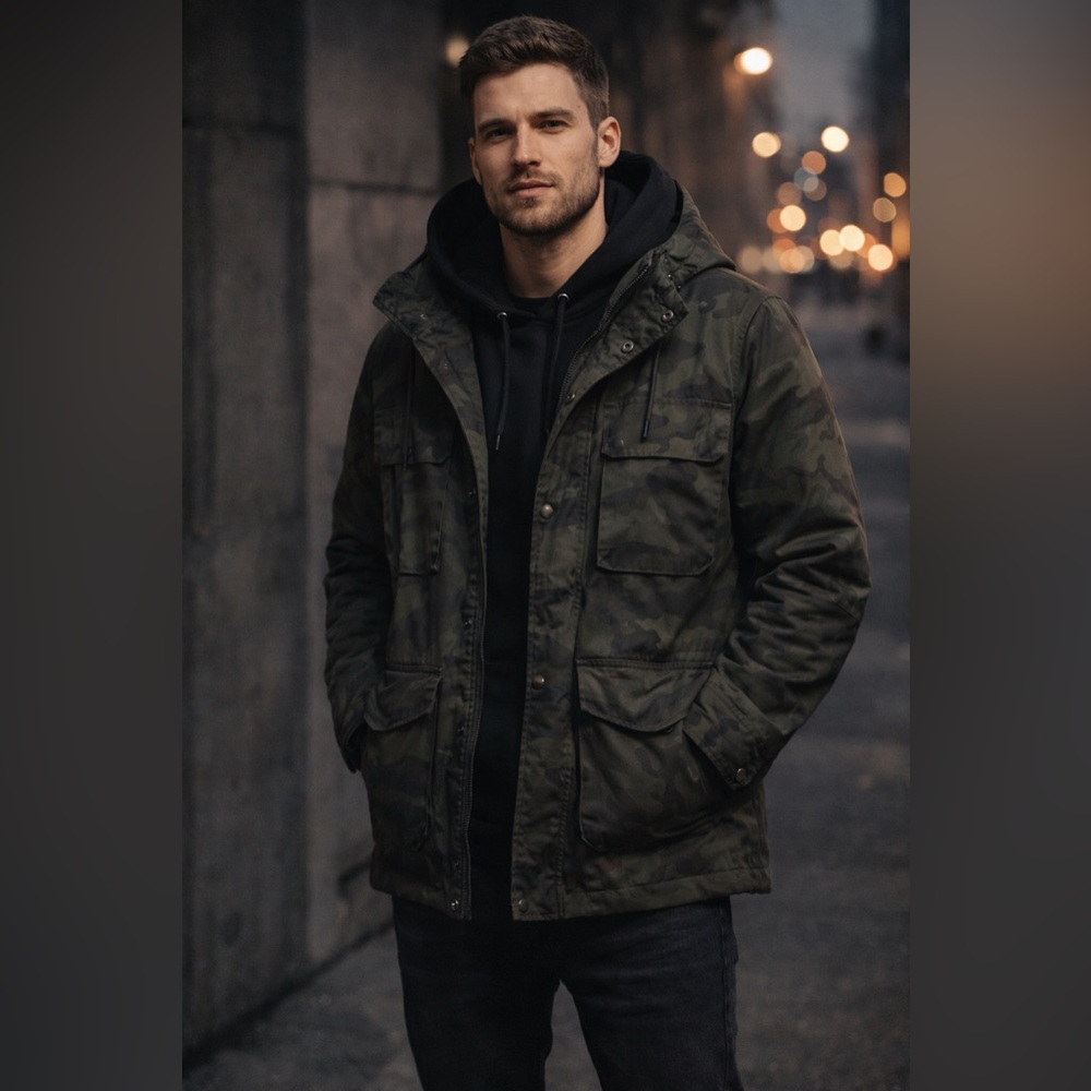 Express Camo Hooded Utility Jacket Mens Medium Military Field Coat Green